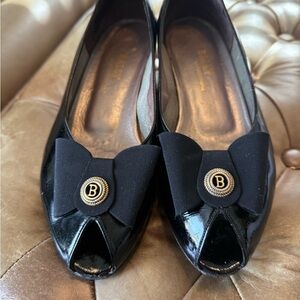 Vintage Bally Black Patent Leather Peep toe Pumps Low Spool Heel ~size 9